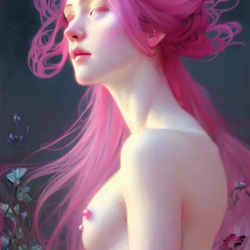 Image similar to Portrait of a pale girl with pink hair, glowing skin, fantasy, intricate, elegant, highly detailed, digital painting, artstation, concept art, smooth, sharp focus, illustration, art by Krenz Cushart and Artem Demura and alphonse mucha