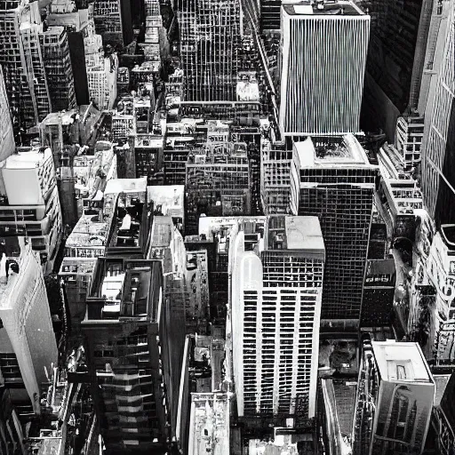 Prompt: busy city street, downtown manhattan, top down, business district, ultra realistic, black and white