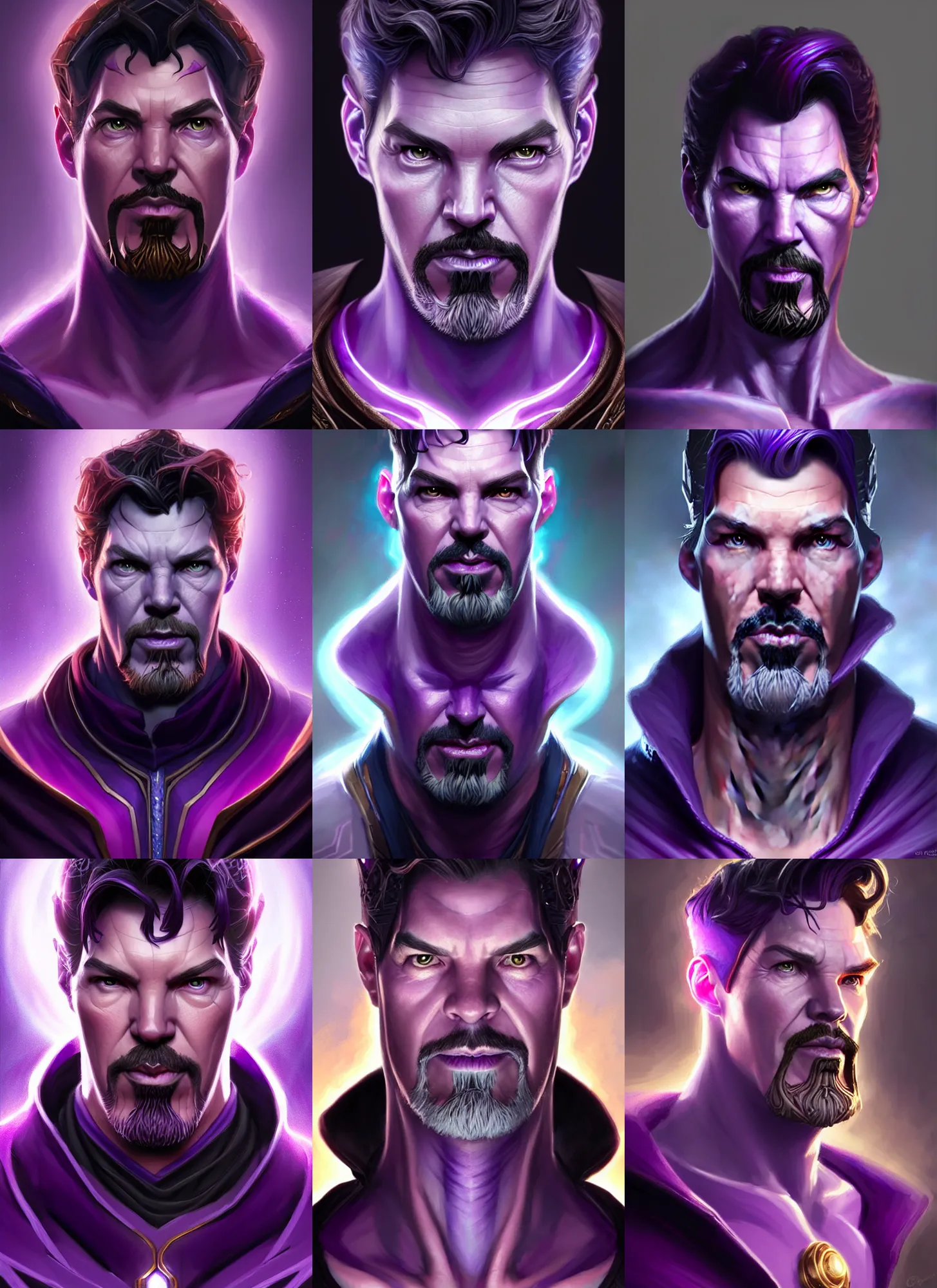 Prompt: a fantasy style portrait painting a character if stephen strange and thanos had a son, purple skin, powerful chin, thanos style traits, painting, unreal 5, daz., rpg, portrait, extremely detailed, artgerm greg rutkowski _ greg