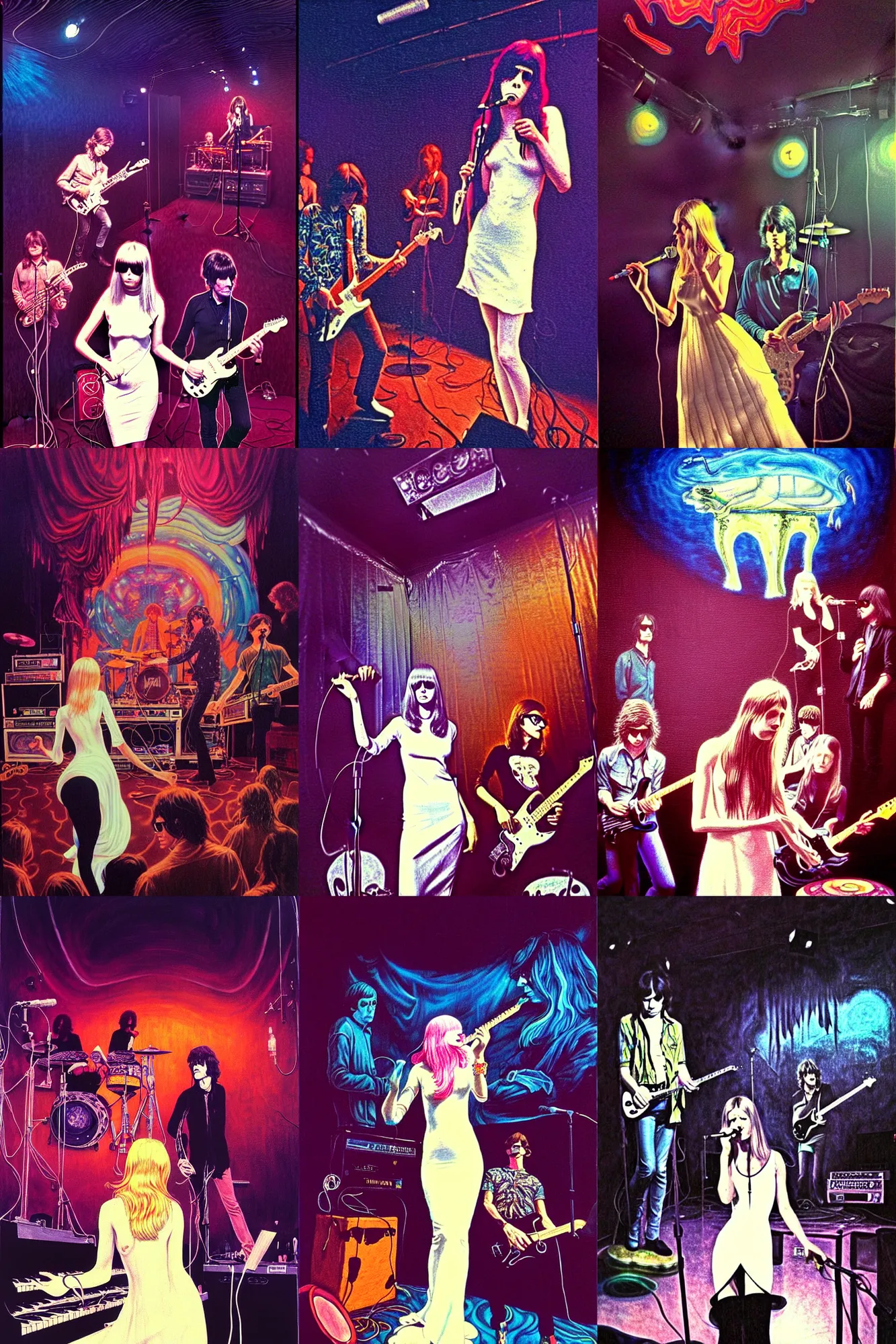 Prompt: the velvet underground playing live on stage in san francisco at a night club in 1 9 6 9, nico wearing a white dress, beautiful stage decoration in the background, art by james jean and thomas kinkade, very detailed and colorful, moody, relaxed, stoned, trending on artstation