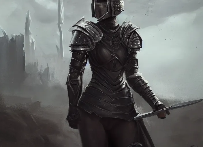 Prompt: landscape of a future city, a young english woman between the ages of 2 0 - 2 5 years, wearing armor and pointing a dagger, wearing a face full of anger. cinematic capture, dramatic condition, fine art, modern realism, sharp focus, good lighting, trending on artstation, trending on tiktok, smooth drawing, elegant, authoritative, without anomalies.