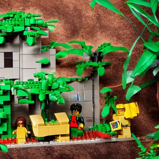 Image similar to abandoned, overgrown, underground bunker. jungle room. lego set