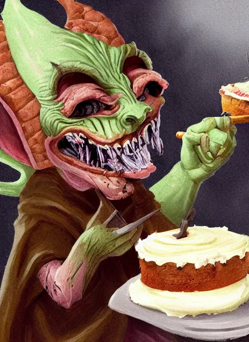 Image similar to medieval goblin eating cakes, detailed digital art, trending on Artstation
