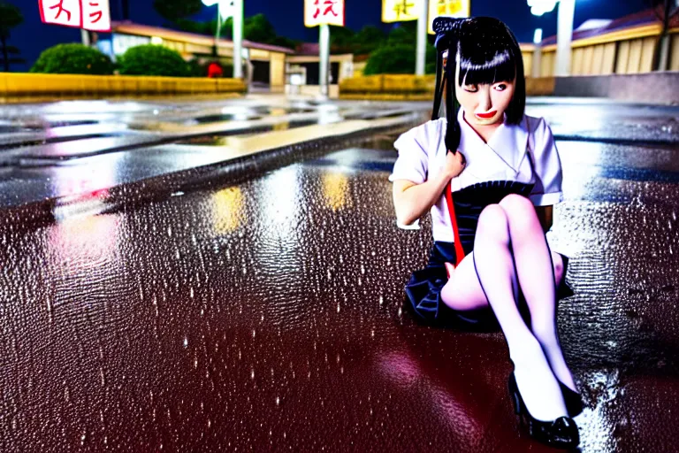 Image similar to Strict girl in Japanese maid's clothes and long stockings sits on the wet pavement in the parking lot at night in the rain