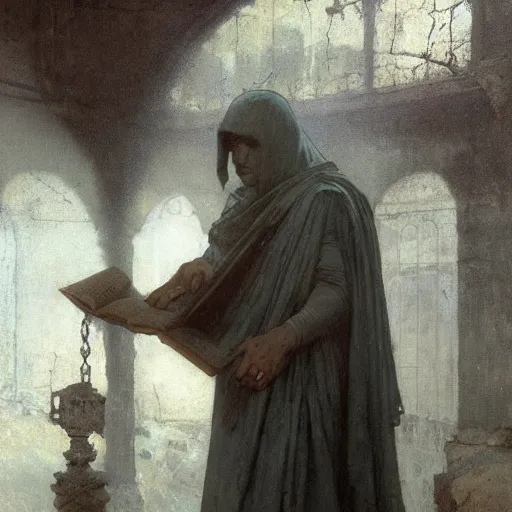 Prompt: portait of magican wearing a closed cerimonial cowl and big old book! chained to the wrist, jeremy mann, jean - leon gerome, tiepolo, alphonse mucha, greg rutkowski, face in the shadows, ( ( ruins of ancient rome ) ), at dusk, mysterious atmosphere, sunrays, dof, high detailed, 8 k