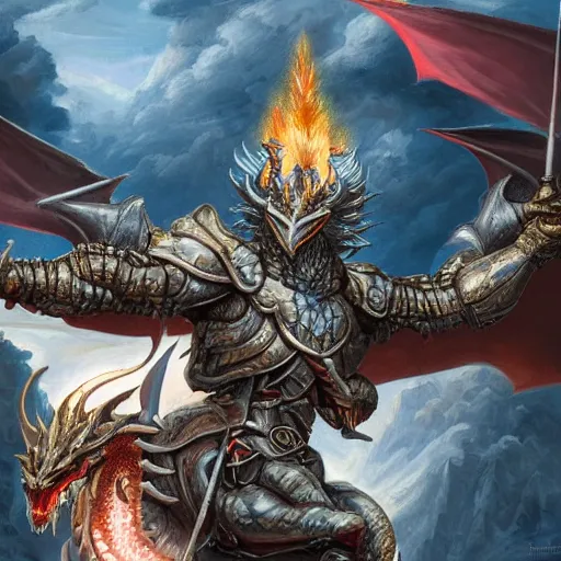 Image similar to portrait of Emmanuel Macron in fantasy armor behind him a dragon. breathe fire, realistic, detailed, cinematic light, art of D&D