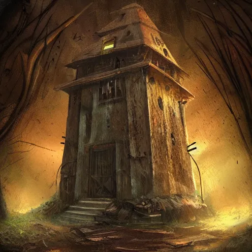 Image similar to an abandoned old,rusty, claimed by nature clock tower in a dark enormous cave, painting, illustration, Concept art, art station, DeviantArt