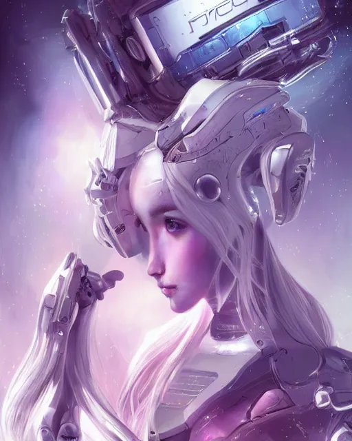 Image similar to perfect android girl on a mothership, warframe armor, beautiful face, scifi, futuristic, galaxy, raytracing, dreamy, digital painting, long white hair, blue cyborg eyes, sharp focus, intricate, highly detailed, artstation, intricate, innocent, art by gauthier leblanc, kazuya takahashi, huifeng huang