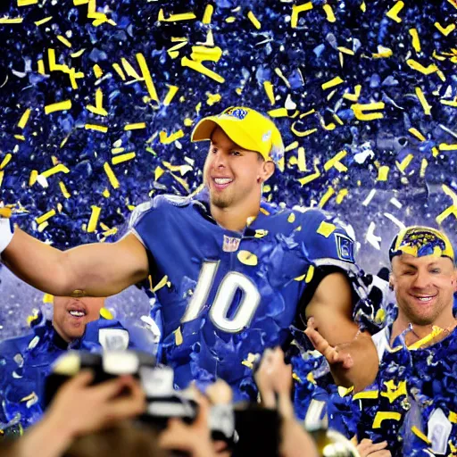 Prompt: detroit lions jared goff lifts up the lombardi trophy, confetti, 8 k sports photography