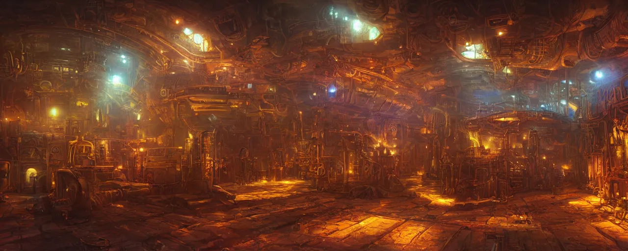 Image similar to ” steampunk docking bay inside an ancient cargo ship, [ art by paul lehr, cinematic, detailed, epic, widescreen, opening, establishing, mattepainting, photorealistic, realistic textures, octane render ] ”