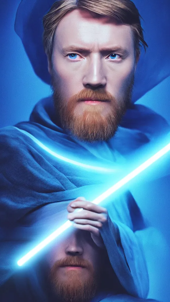 Image similar to a portrait of the ghost of obi - wan, as a digital photograph. blue transucent colors. glowing ghost. transparent portrait. color harmony, 8 k detail, gallery quality, hd wallpaper, premium prints available, hyper - detailed, intricate design.