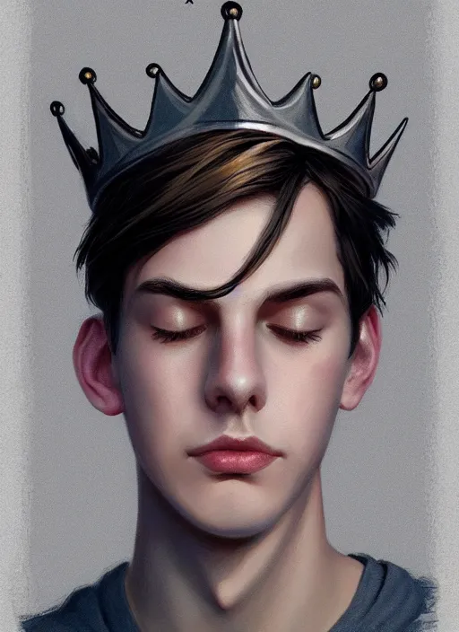 Image similar to portrait of teenage jughead jones wearing a light grey crown, photorealistic, crown, eyes closed, crown, black hair, intricate, elegant, glowing lights, highly detailed, digital painting, artstation, concept art, smooth, sharp focus, illustration, art by wlop, mars ravelo and greg rutkowski