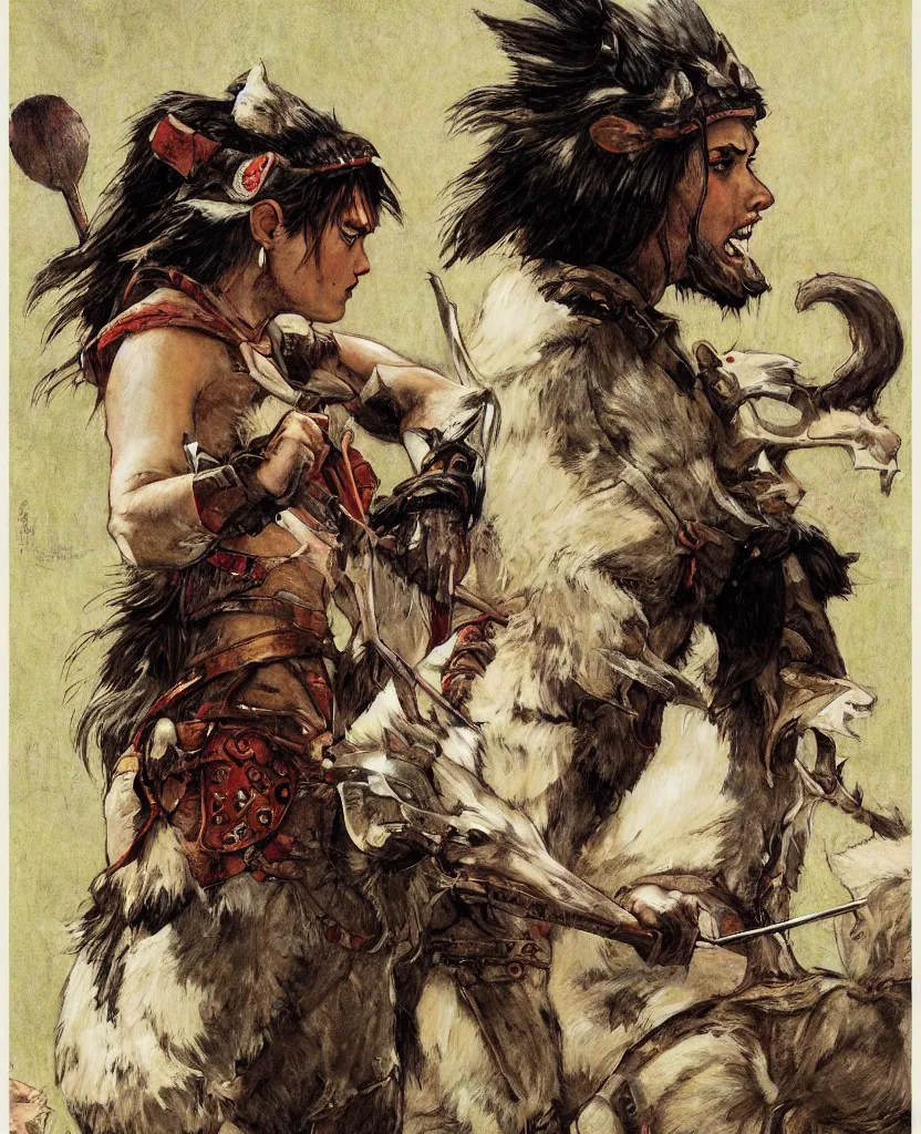 Image similar to portrait of fierce Princess Mononoke, fully clothed in armor, painted by norman rockwell, james gurney, denoised, sharp, architectural