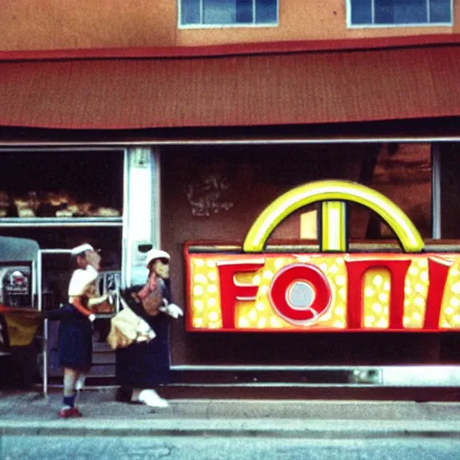 Prompt: The mascot for a once-popular fast food chain, 1970, colour photography