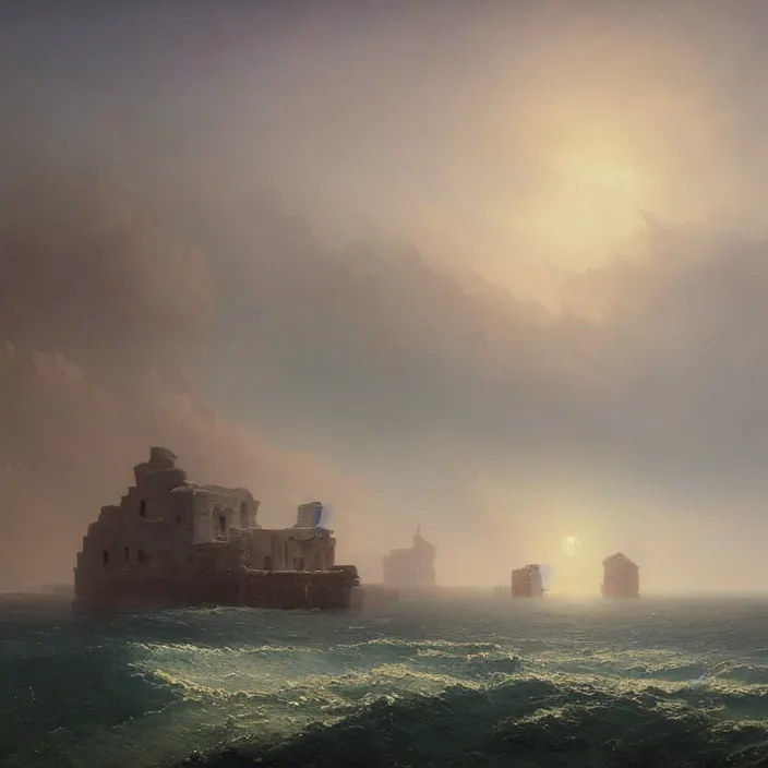 Image similar to a beautiful painting of ruins on the sea by ivan aivazovsky and zdzisław beksinski and rene magritte and greg rutkowski and james gurney, in style of digital art. hyper detailed, sharp focus, soft light. octane render. ray tracing. trending on artstation