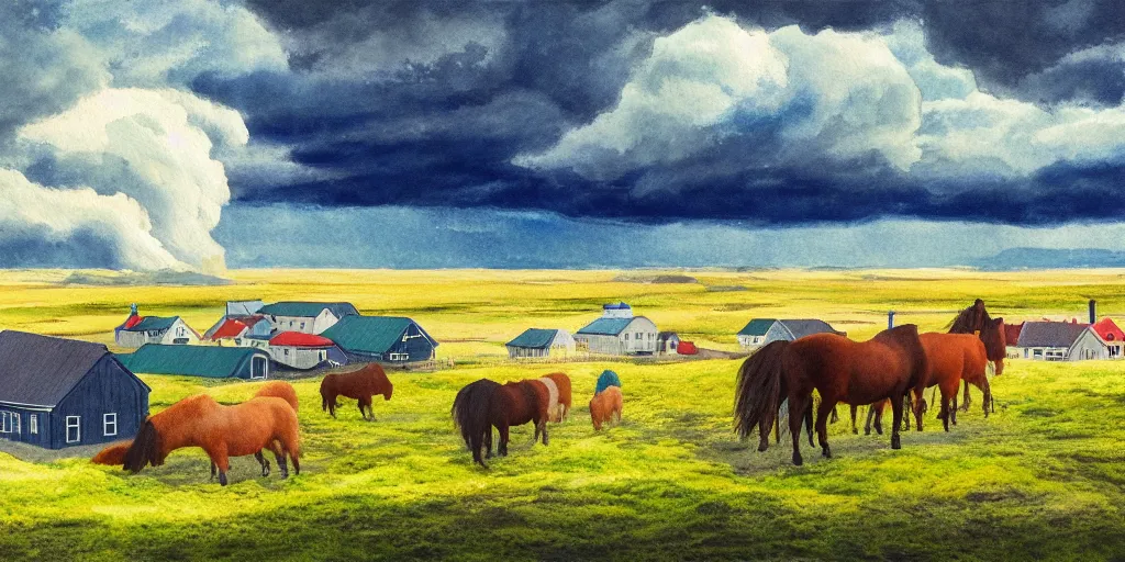 Prompt: a beautiful painting of a icelandic farm, icelandic horses galloping, storm clouds gathering over the town, by studio ghibli 8 k pastel colours, isometric, three point perspective, drone shot, smeared watercolours, golden light, film grain