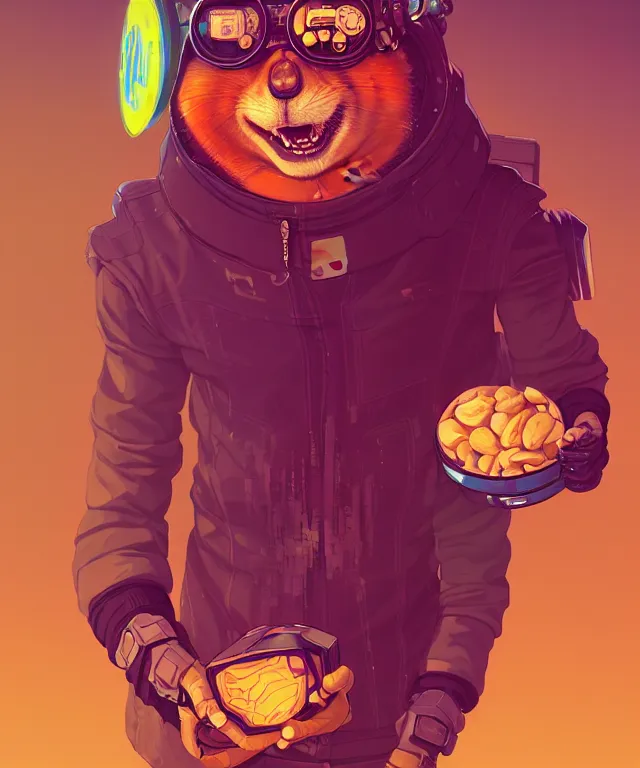 Prompt: a portrait of an anthropomorphic cyberpunk chipmunk holding a gigantic peanut, cyberpunk!, fantasy, elegant, digital painting, artstation, concept art, matte, sharp focus, illustration, art by josan gonzalez