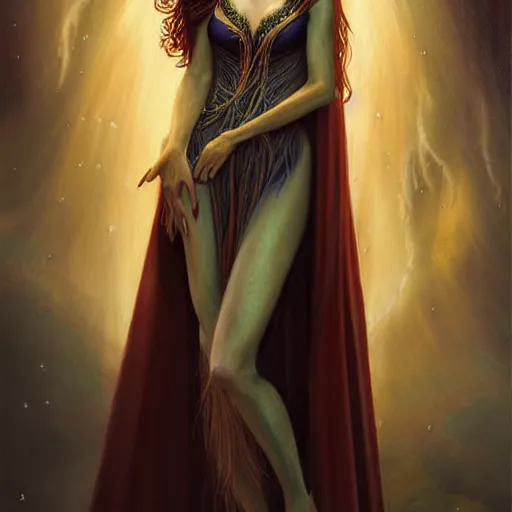 Prompt: portrait of a female elven wizard in flowing sensual dress, long flowing hair, delicate, looking at camera, slightly smiling, real face, stylish, elegant, extremely detailed painting inspired by Gerald Brom, epic lighting