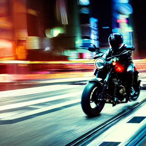 Image similar to a black ( ( ( honda cmx 5 0 0 rebel ) ) ) motorcycle, ridden fast by a metallic futuristic alien cyborg, through the streets of 2 0 5 0's tokyo, neon signs, blurred crowded streets, slight motion blur background