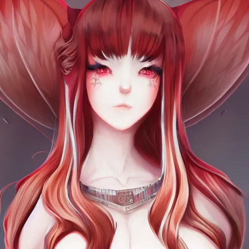 Image similar to kitsune woman nekomimi fancy haircut, full body, intrincate, red and white, gliter, depth of field, 8k, hyper detailed,realistic, trending on artstation