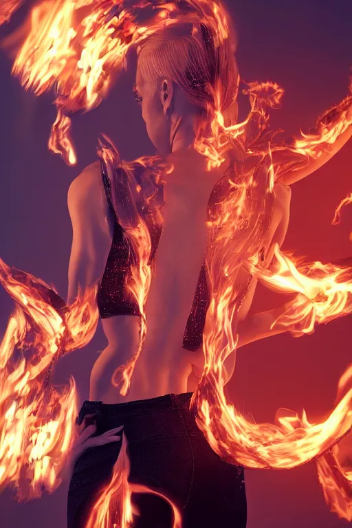 Image similar to young blonde woman from behind with flames dancing on her hands with a long jacket in a cyberpunk city, realistic, high definition, 4K, shimmering color, epic digital art