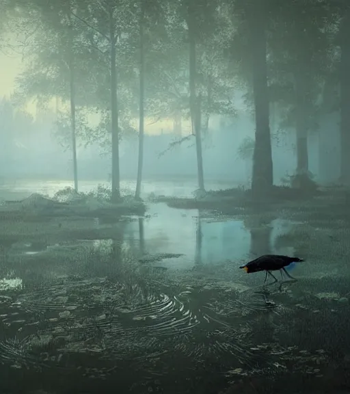 Prompt: three crows in a little boat in a swamp at night, volumetric lighting, fog, majestic light, octane render, ethereal glare of the sun, hyperrealistic, epic, masterpiece, by greg rutkowski