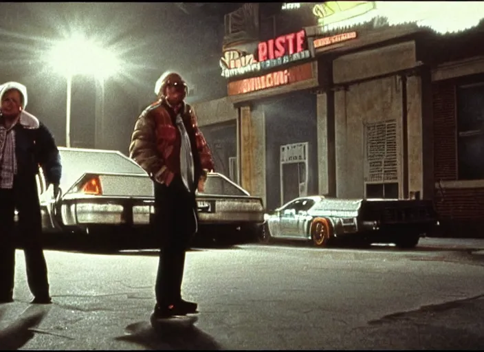 Image similar to screenshot from the iconic scene from the lost Back to the Future film directed by Martin Scorsese, cinematic lighting, unsettling set design with extreme detail, moody cinematography, with anamorphic lenses, crisp, detailed, 4k image