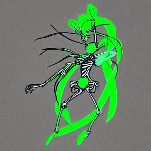 Prompt: the skeleton of a fairy is ribbon dancing on a thorny vine. the ribbon is neon green, retro wave