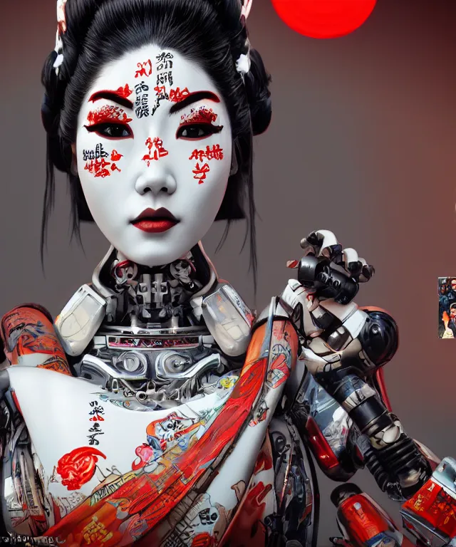 Image similar to an epic fantastic realism comic book style portrait painting of a japanese robotic geisha with kanji tattoos and decals, apex legends, octane render, intricate detail, 4 k hd, unreal engine 5