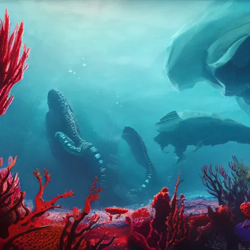 Image similar to underwater view of a strange alien world, some washed out red and green plant life, giant leviathan swimming far in the background, deep blue sea color, artstation