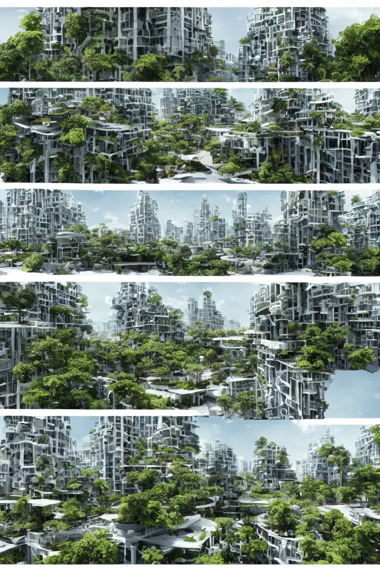 Image similar to 5 - panel comic page layout. crowd talking about sustainable futuristic building in a urban setting. ultrarealistic matte painting on white page. the building has many deep and tall balconies covered in plants and trees. thin random columns, large windows, deep overhangs. plants hang from balconies. greeble articulated details with plants. 8 k, uhd.