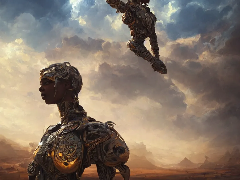 Image similar to a beautiful oil on canvas of a futuristic afrofuturistic warrior, detailed, beautiful, stunning, post - apocalyptic landscape in the background, epic sky, vray render, artstation,, pinterest, sci - fi, afrofuturism, 5 0 0 px models