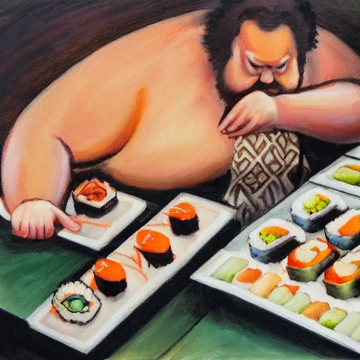 Image similar to huge fat caucasian man stuffing himself full of sushi at a sushi buffet, oil painting in a style of dutch masters