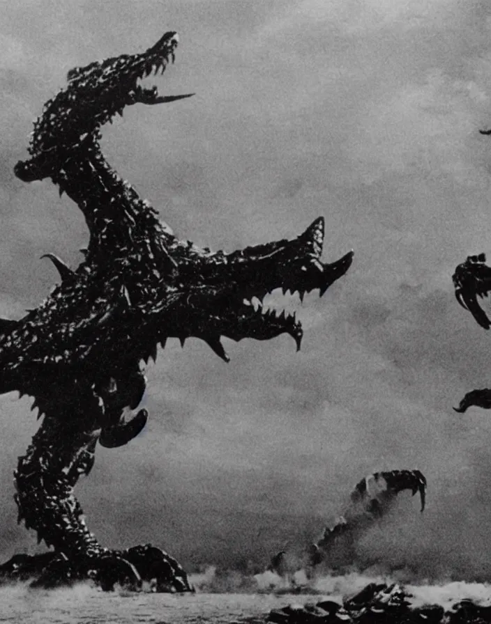 Image similar to a filmstill of a north korean monster movie, kaiju - eiga monster with starfish - arms trampling a traditional korean palace, foggy, film noir, epic battle, etheral, explosions, communist propaganda, communist epic thriller produced by kim jong - il, cinematography by akira kurosawa and tim burton, video compression