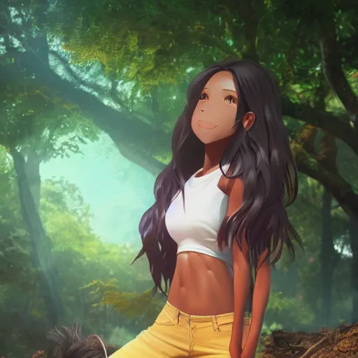 Image similar to nagatoro accurate brown skin color, using white and red tight raglan sleeves, tight blue jeans, in a tropical forest, burning hair glowy fire flames hair in flames hair fire hair, artstation, 3 d ray tracing, lumen, octane render flawless masterpiece concept art professionally post processed by wlop