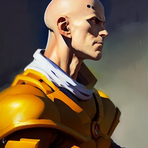 Image similar to Greg Manchess portrait painting of Saitama as Overwatch character, medium shot, asymmetrical, profile picture, Organic Painting, sunny day, Matte Painting, bold shapes, hard edges, street art, trending on artstation, by Huang Guangjian and Gil Elvgren and Sachin Teng