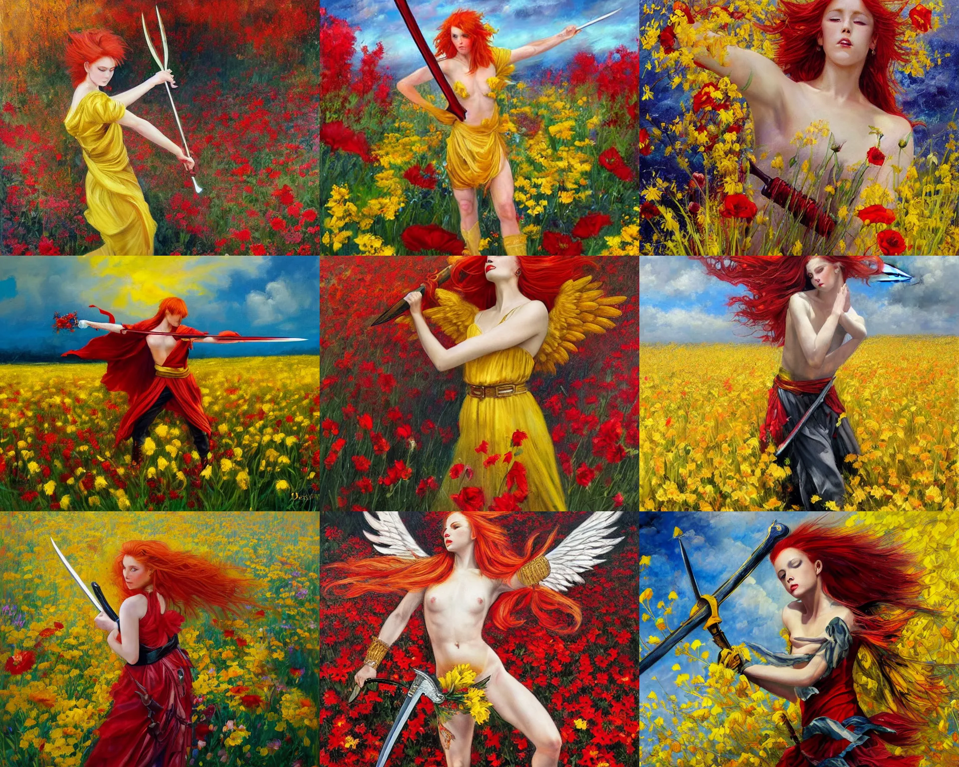 Prompt: a beautiful elegant angel with red hair and a sword in his hand dances in a bright field of flowers, overcast, yellow and red color scheme, wide angle, extreme longshot, oil painting by David Johnston