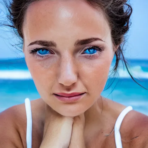 Image similar to a portrait of a beautiful woman relax on the beach, symmetrical face, beautiful eyes