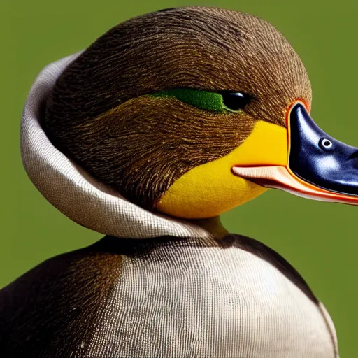 Image similar to a high detail photo of an antropomorphic duck wearing a suit, subject= duck, subject detail: wearing a suit, photorealism