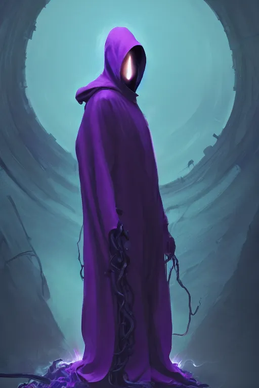 Prompt: A full body portrait of a mysterious character with no face with a very long hooded dark purple cloak tentacles coming out the ground art by Maciej Kuciara and Jason Chan, ominous, cosmic horror, trending on artstation, detailed, realistic 4k