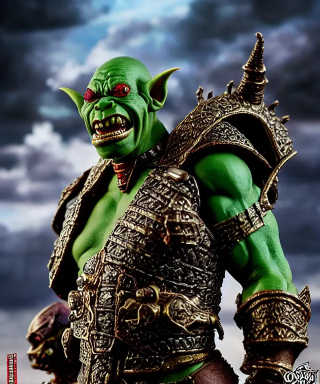 Image similar to hyperrealistic rendering, epic ornate supreme orc goblin overlord, jewel crown, war armor battle, by art of skinner and richard corben, product photography, collectible action figure, sofubi, hottoys, storm clouds, outside, lightning