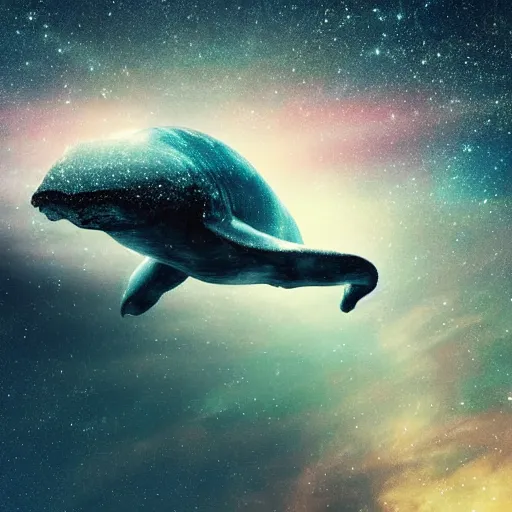 Image similar to close up portrait of space whale on a dark night sky in space, flying across the universe, oniric, dreamy, beautiful, highly detailed, realistic, cinematic, dynamic composition