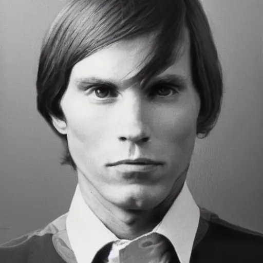 Image similar to A photograph portrait of Jerma985 with short-medium length hair a combover wearing early 1970s menswear in the early 1970s, taken in the early 1970s, grainy, taken on a 1970s Polaroid Camera, realistic, hyperrealistic, very realistic, highly detailed, very detailed, extremely detailed, detailed, digital art, trending on artstation, colorized photo