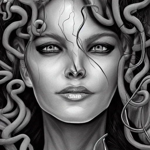 Image similar to medusa portrait painting, black and white,, wicked smile, artstation, detailed, blurred background
