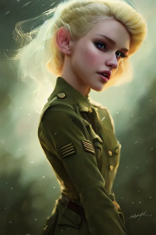 Image similar to cinematic shot of an epic portrait of a cute blonde fairy dressed in military clothes, stylised military clothes, shiny skin, beautiful eyes, beautiful, small details, night setting, realistic poster with volumetric light from craig mallism, artgerm, jeremy lipkin and michael garmash, unreal engine, radiant light, digital art, trends at art station, a masterpiece