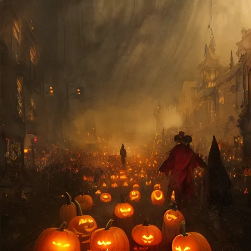 Image similar to halloween festival, volumetric lighting, 8 k octane beautifully detailed render, post - processing, extremely hyper - detailed, intricate, epic composition, cinematic lighting, masterpiece, trending on artstation, detailed detailed detailed, masterpiece, stunning art by anders zorn, wonderful masterpiece by greg rutkowski, beautiful cinematic light,