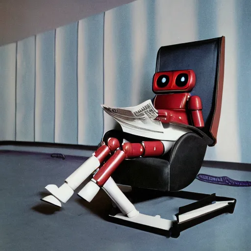 Image similar to Against a white cyc (white cyclorama backdrop) futuristic studious matte brown and red and chrome full-body humanoid robot with two huge round expressive sad purple glowing LED eyes and open rectangular mouth sitting on a large comfortable cushioned 1950s vintage recliner reading a newspaper. open newspaper. full shot Cinematic Movie Photograph, Arri Alexa, Extremely Detailed, smooth, very very clean, white cyc, white background, 8K, octane render, maya render, unreal engine, trending on artstation, DSLR, excellent composition, center frame