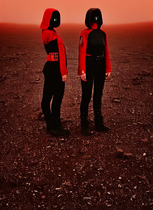 Image similar to cinestill 5 0 d photographic portrait of two loving female androids wearing rugged black techwear on a desolate plain with a red sky, extreme closeup, lizard on ground, cyberpunk style, in front of a brutalist dark metal facility, dust storm, 3 5 mm, 8 k, hd, f / 3 2, high resolution, ultra realistic faces