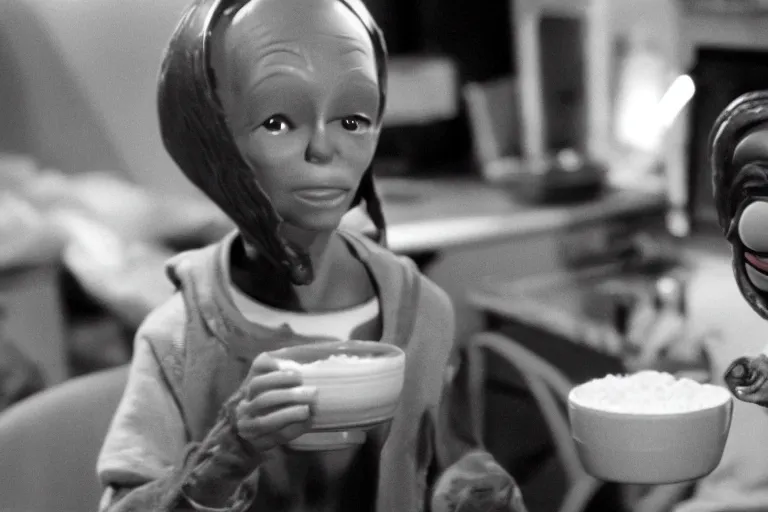 Image similar to E.T. eating a bowl of Cheerios cereal black and white Spielberg 35mm film cinematic 4k