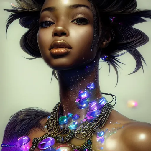 Prompt: the portrait of the absurdly beautiful, graceful, elegant, gorgeous, sensual black young anime goddess made of crystals, an ultrafine hyperdetailed illustration by kim jung gi, irakli nadar, intricate linework, ultra bright colors, octopath traveler, final fantasy, unreal engine 5 highly rendered, global illumination, radiant light, intricate environment